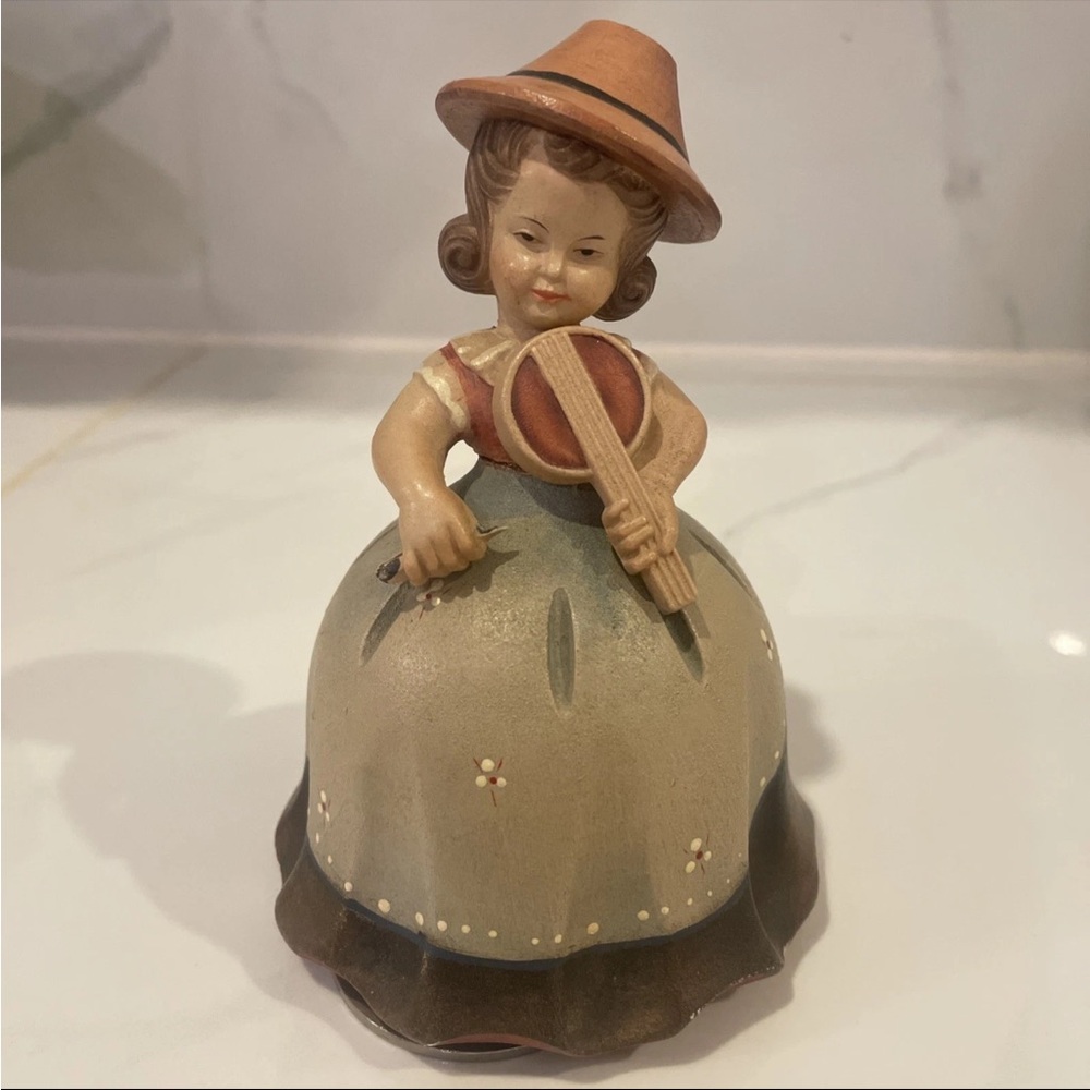 Vintage Figurine with Hat and Mandolin Italian RURGE wood carved music box